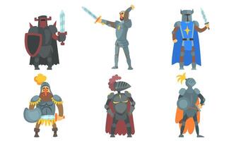 Medieval Knights with Swords Set, Ancient Warriors Characters in Armour Illustration vector