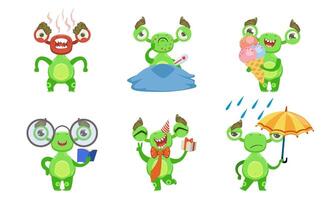 Funny Little Monster with Various Emotions Set, Cute Green Mutant Cartoon Character in Different Situations Illustration vector