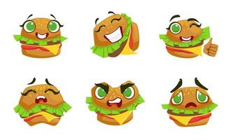 Cute Kawaii Hamburger Character with Different Emotions Set, Funny Burger Emoticons Cartoon Illustration vector