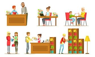 People in Library Set, Visitors and Students Reading Books, Studying and Preparing for Examination Illustration vector