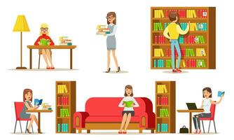 People in Library Set, Visitors and Students Reading Books and Studying Illustration vector