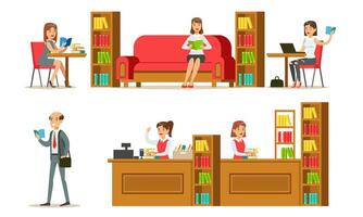 Library Interior and People Set, Visitors and Students Reading, Studying and Preparing for Examination Illustration vector