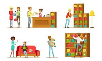 People in Library Set, Visitors and Students Reading, Studying and Preparing for Examination Illustration vector