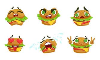 Cute Kawaii Hamburger Cartoon Character with Different Emotions Set, Funny Burger Emoticons Illustration vector