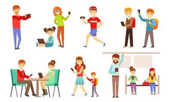 People Looking in Gadgets Screen Set, Smiling Men, Women and Kids Using Hi Tech Technologies, Smartphones, Pad, Laptop Illustration vector