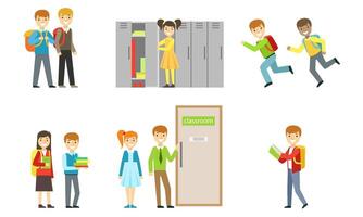 Cheerful School Students with Books and Backpacks Set, School Territory Elements, Classroom and Lockers Illustration vector