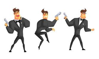 Spy Man in Black Leather Clothes with Gun Set, Secret Agent in Different Actions Illustration vector