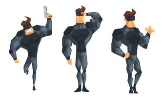 Secret Agent in Black Suir in Different Actions Set Illustration vector