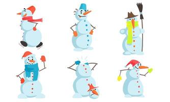 Funny Snowmen Set, Winter Christmas Character in Action Illustration vector