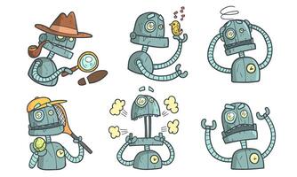 Vintage Robot Character Set, Funny Steampunk Robotics in Different Situations Illustration vector