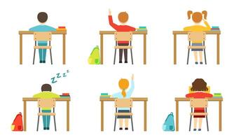 Schools Pupils Sitting at Desks at Classroom, View from Behind, Kids on Lesson, Schoolchildren Characters Studying at School Illustration vector