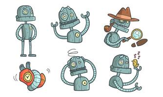 Vintage Robot Character Set, Steampunk Robotics in Different Situations Illustration vector