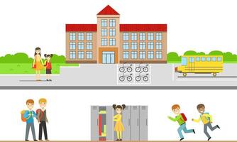 School Building and Cheerful School Students with Books and Backpacks Set, School Territory Elements Illustration vector