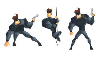 Secret Agent or Spy in Black Suir in Different Actions Set Illustration vector
