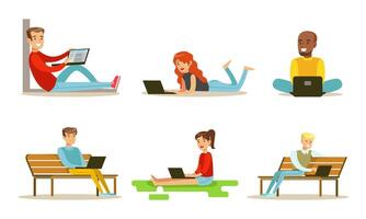People Using Laptop Computers Set, Men and Women Working, Communicating and Spending Time Online Illustration vector