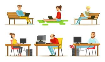 People Using Laptop Computers Set, Young Men and Women Working and Surfing Internet on their Computers Illustration vector