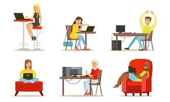 People Using Laptop Computers Set, Young Men and Women Working, Communicating and Spending Time Online Illustration vector