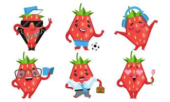 Cute Strawberry Cartoon Character Set, Funny Fruit in Different Situations and Various Emotions Illustration vector