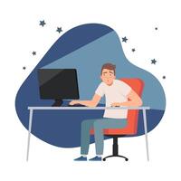 Man who is sitting at the computer at night time illustration set vector