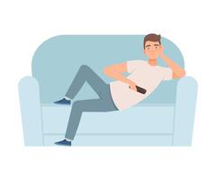 Man lies on a sofa and holds a TV remote in his hands bad habit illustration vector