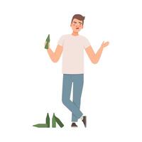 Man is standing with a bottle in his hand, nearby are empty bottles, Alcoholic bad habit illustration vector