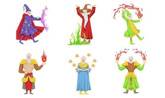 Old Fairytale Wizard Characters Set, Male Magician or Warlock in Robe Practicing Wizardry Illustration vector