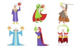 Old Wizard Characters Set, Male Magician or Warlock in Hat and Mantle Practicing Wizardry Illustration vector