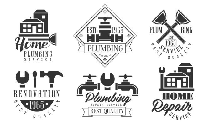 Plumbing Service Best Quality Retro Labels Set, Home Repair Black Badges Illustration