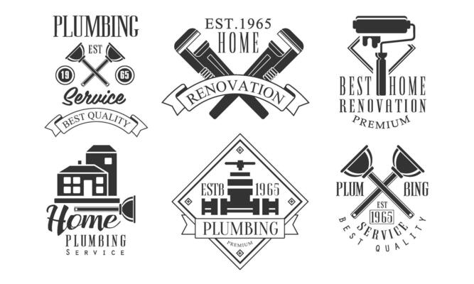 Plumbing Service Beat Quality Retro Labels Set, Home Renovation Black Badges Illustration