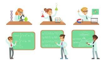 Kid Scientists Set, Boys and Girls Doing Experiments in the Laboratory and Writing Formulas on Chalkboard Illustration vector