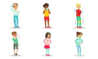 Kids Suffering from Different Symptoms Set, Boys and Girls Having High Temperature, Running Nose, Cough, Stomach Ache Illustration vector