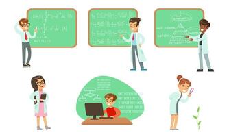 Kid Scientists Set, Boys and Girls in Lab Coats Doing Science Research and Writing Formulas on Chalkboard Illustration vector