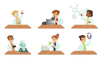 Kid Scientists Set, Boys and Girls Doing Experiments in the Laboratory Illustration vector