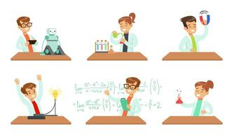 Kid Scientists Set, Boys and Girls in Lab Coats Doing Experiments in the Laboratory Illustration vector
