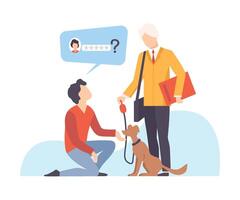 Man takes his dog from a dog handler who asks to leave a review illustration vector