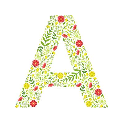 Capital Letter A, Green Floral Alphabet Element, Font Uppercase Letter Made of Leaves and Flowers Pattern Illustration