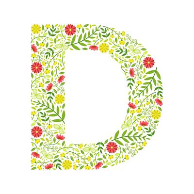 Capital Letter D, Green Floral Alphabet Element, Font Uppercase Letter Made of Leaves and Flowers Pattern Illustration
