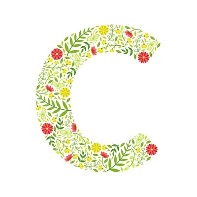 Capital Letter C, Green Floral Alphabet Element, Font Uppercase Letter Made of Leaves and Flowers Pattern Illustration