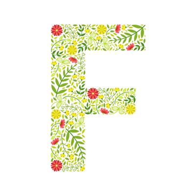 Capital Letter F, Green Floral Alphabet Element, Font Uppercase Letter Made of Leaves and Flowers Pattern Illustration