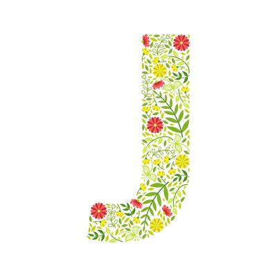 Capital Letter J, Green Floral Alphabet Element, Font Uppercase Letter Made of Leaves and Flowers Pattern Illustration