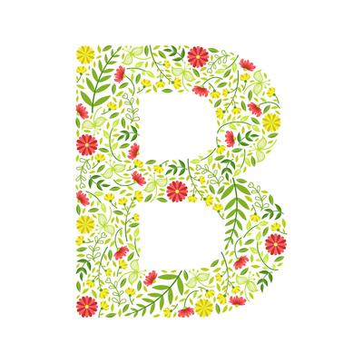 Capital Letter B, Green Floral Alphabet Element, Font Uppercase Letter Made of Leaves and Flowers Pattern Illustration