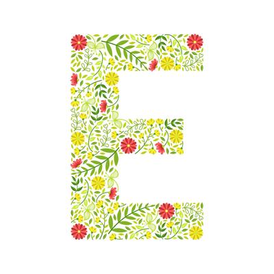 Capital Letter E, Green Floral Alphabet Element, Font Uppercase Letter Made of Leaves and Flowers Pattern Illustration