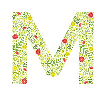 Capital Letter M, Green Floral Alphabet Element, Font Uppercase Letter Made of Leaves and Flowers Pattern Illustration