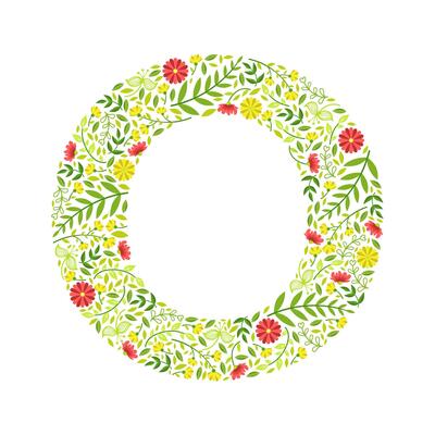 Capital Letter O, Green Floral Alphabet Element, Font Uppercase Letter Made of Leaves and Flowers Pattern Illustration