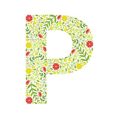 Capital Letter P, Green Floral Alphabet Element, Font Uppercase Letter Made of Leaves and Flowers Pattern Illustration