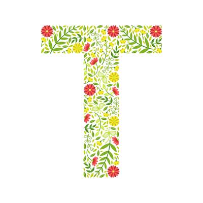 Capital Letter T, Green Floral Alphabet Element, Font Uppercase Letter Made of Leaves and Flowers Pattern Illustration