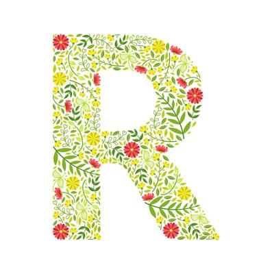 Capital Letter R, Green Floral Alphabet Element, Font Uppercase Letter Made of Leaves and Flowers Pattern Illustration