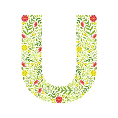 Capital Letter U, Green Floral Alphabet Element, Font Uppercase Letter Made of Leaves and Flowers Pattern Illustration
