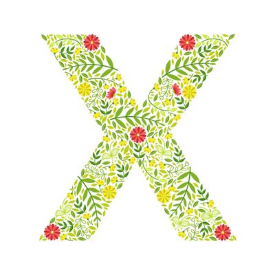 Capital Letter X, Green Floral Alphabet Element, Font Uppercase Letter Made of Leaves and Flowers Pattern Illustration