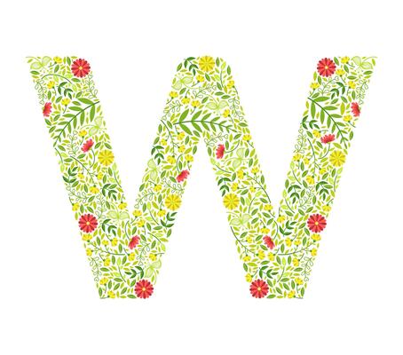 Capital Letter W, Green Floral Alphabet Element, Font Uppercase Letter Made of Leaves and Flowers Pattern Illustration